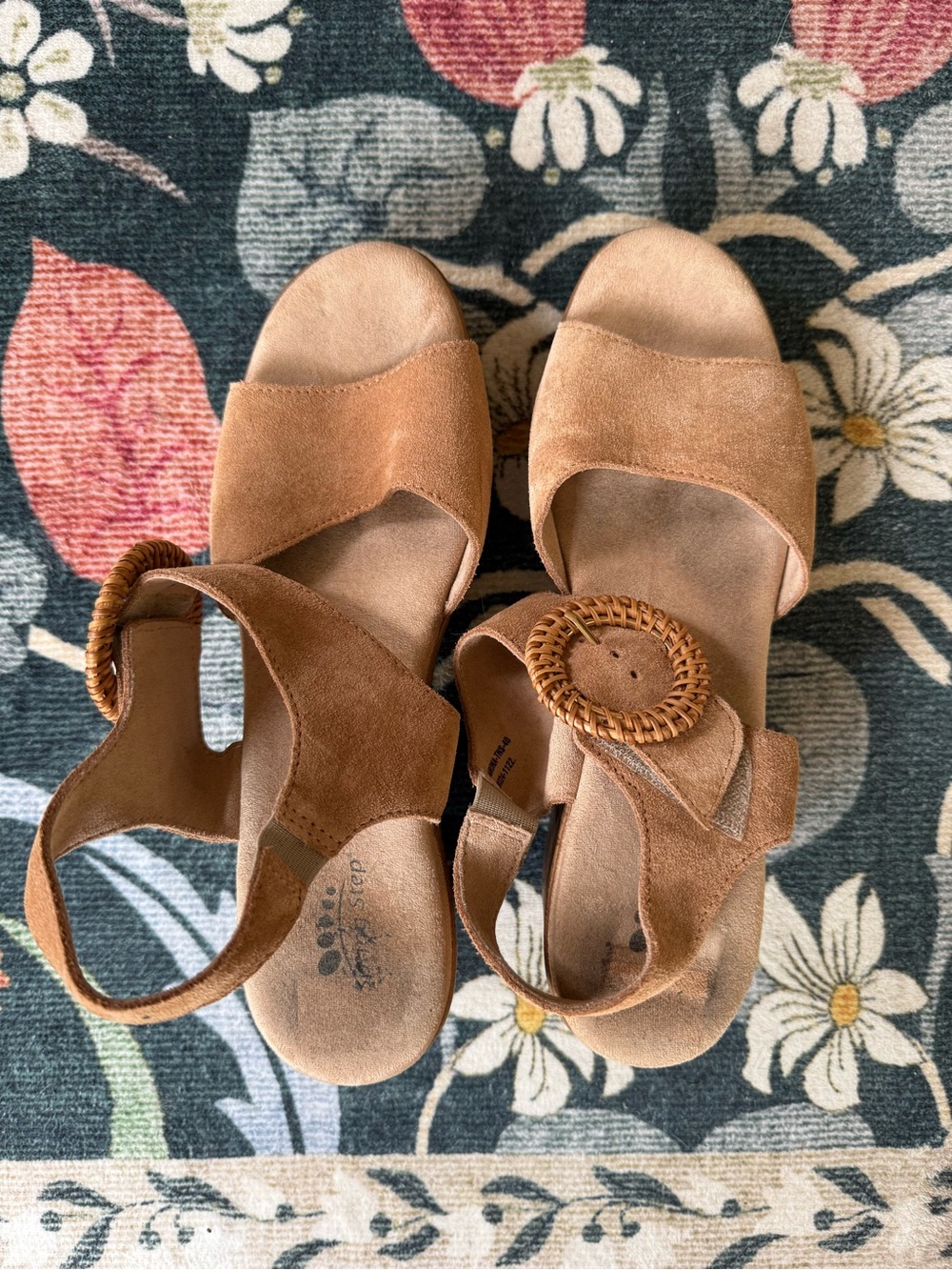 Spring Step Tan Suede Sandals with Woven Buckle Accent